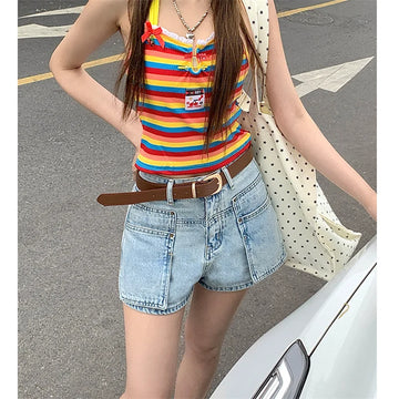 MQTIME  -  Women's Light Blue High Waisted Denim Shorts Summer Young Girl Vintage American Street Style Female Loose Mini Jeans